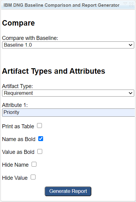 Selection of the UI - choose between different artifact types and attributes, value and name as bold, hide name or value, print as table